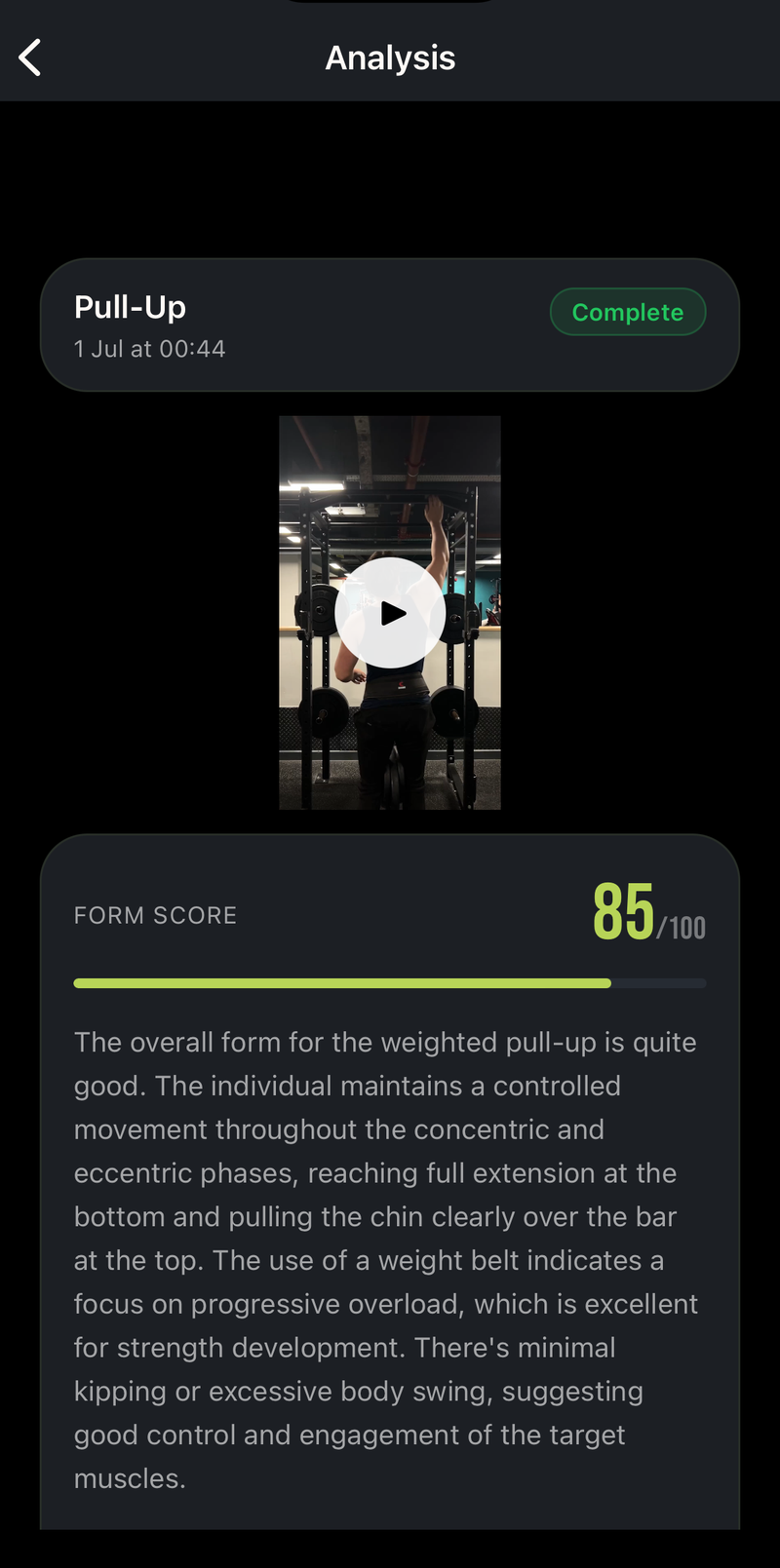 AI form analysis showing a 85 out of 100 form score with feedback