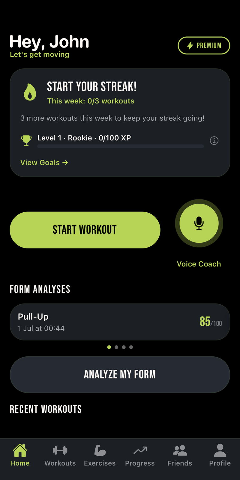 Overlift home screen with level progress and workout tools
