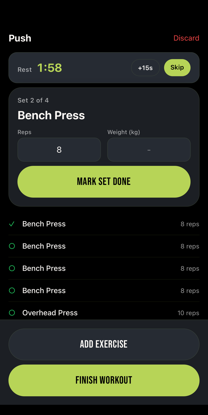 Live workout session with set logger and rest timer